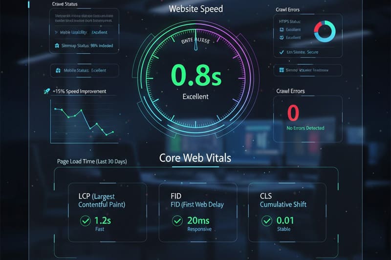 Dashboard de performance técnica exibindo métricas de Core Web Vitals e velocidade de carregamento de um site profissional
